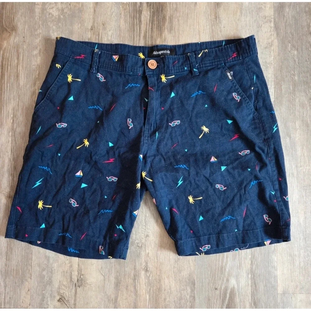 Aeropostale Mens Navy Blue Retro Palm Tree Sunglasses Print Chino Shorts 32